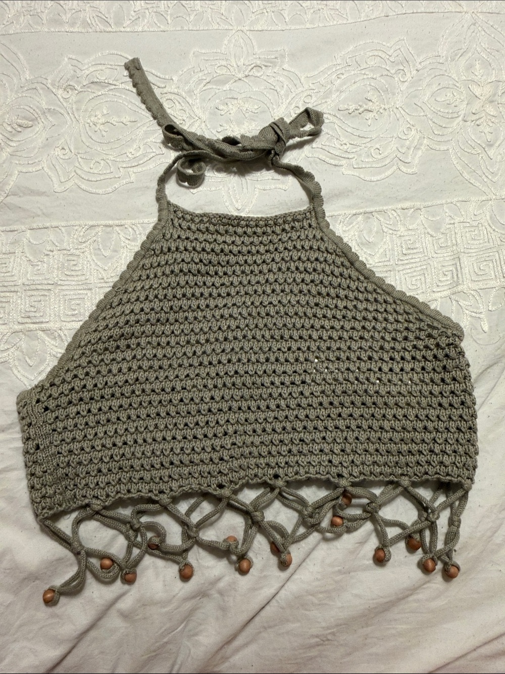 Pull & Bear Crochet Halter Crop Top with Beaded Fringe — Olive Green